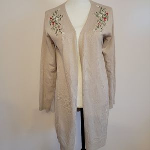 Esperanza tan embroidered duster length open front cardigan size large